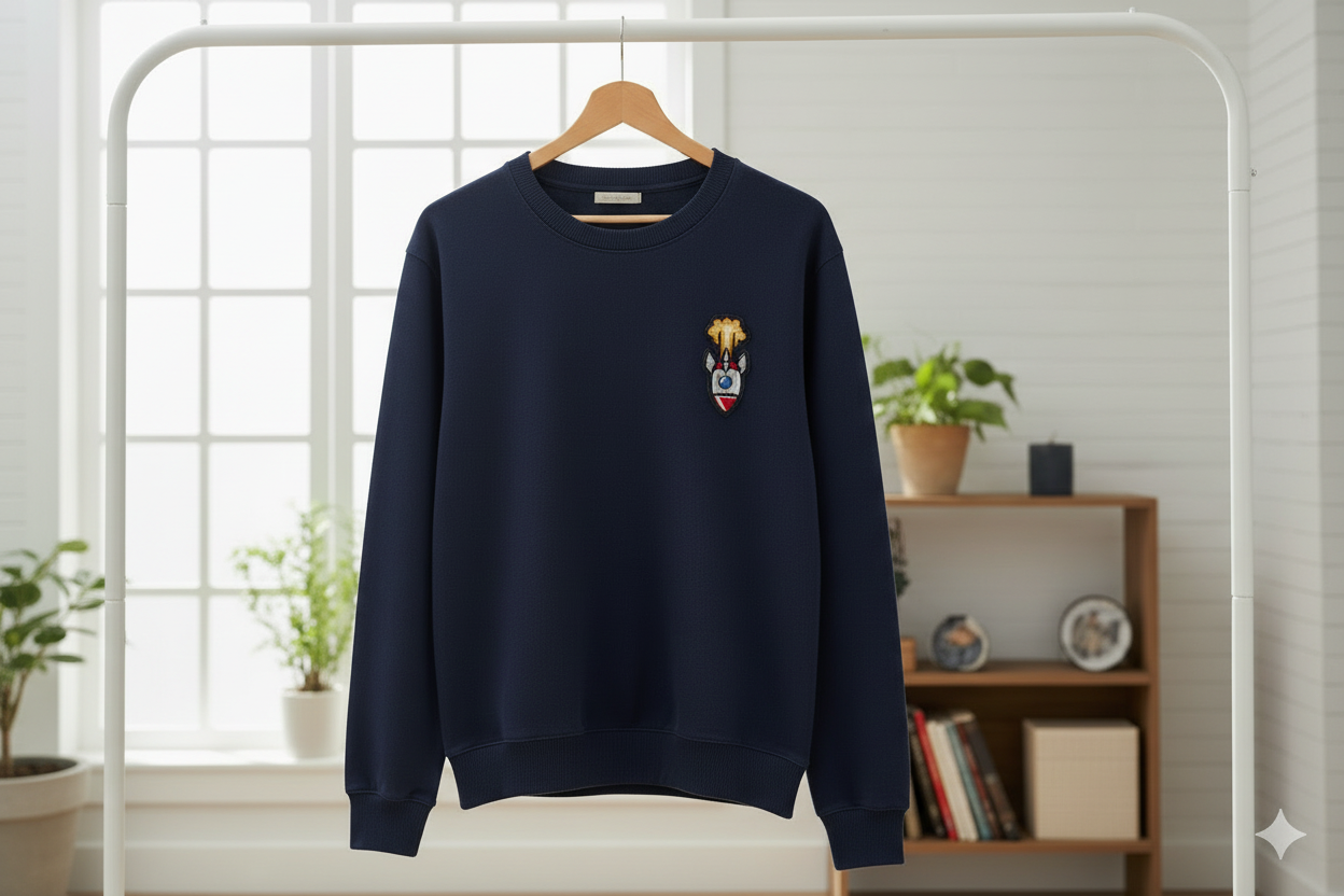 raket patch op donkerblauwe sweater