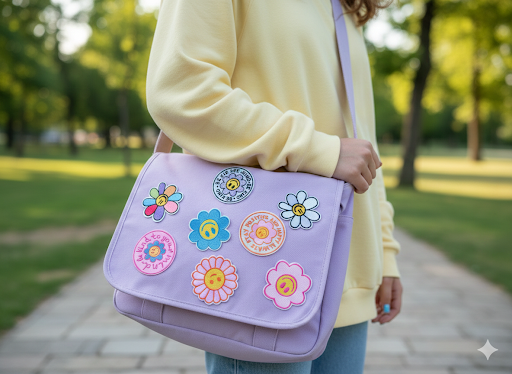 Flower Power Patch  op tas – pastel bloemen – happy faces – random limited edition – T is for Teddie – patch voor hoodie sweater tas – Gen Z friendly